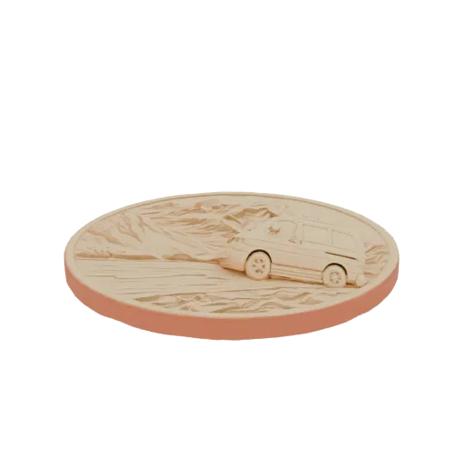 3D model render of a vintage van on a textured terrain, presented as a circular coin.