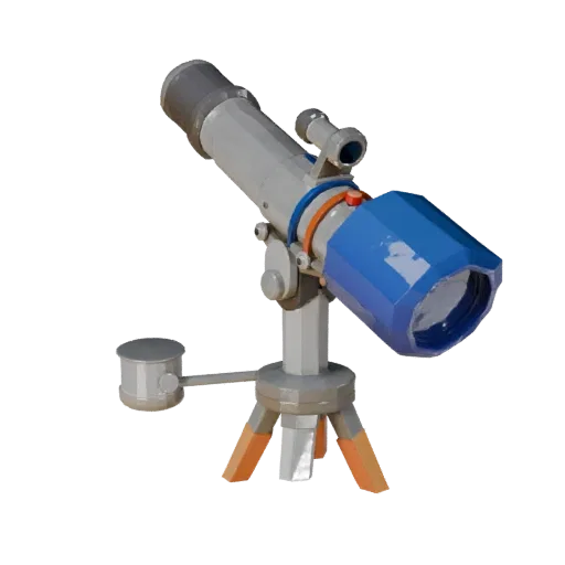 Classroom Telescope Low Poly 3D model, game viewport three-quarter view, showing metal tubes, optical alignment.