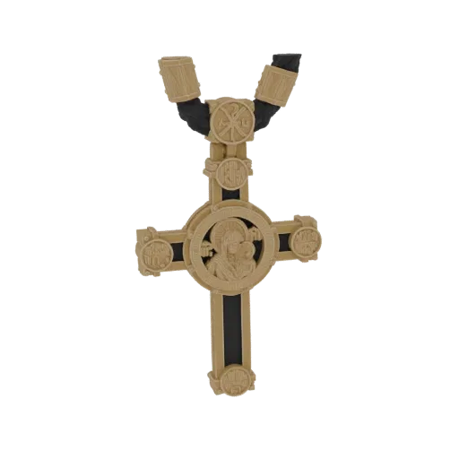 3D model of a wooden Orthodox cross with detailed iconography of the Virgin Mary and Christ Child, set against a black backgr