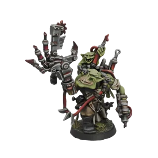 Modelo 3D de un Goblin Mek de piel verde con un brazo cibernético grande e intrincado y un goblin más pequeño en su hombro, d