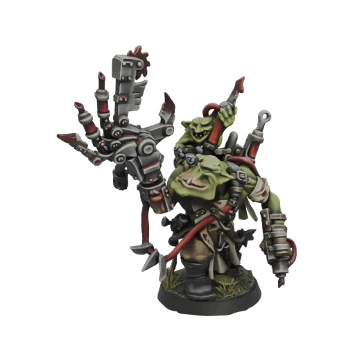 Modelo 3D de um Goblin Mek de pele verde com um braço cibernético grande e intrincado e um goblin menor em seu ombro, em pé s