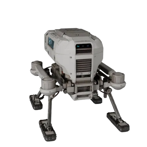 Forschungsdrohne High-Poly-3D-Modell, Nahaufnahme-Studio-Render, zeigt Metallrahmen, Roboterform.