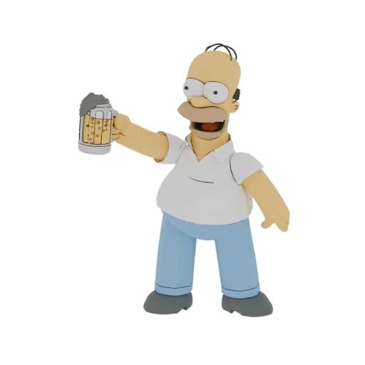 Modelo 3D de Homer Simpson de Os Simpsons, sorrindo e erguendo uma caneca de cerveja espumosa em um brinde.