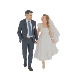 3D model of a bride in a white wedding dress and a groom in a navy suit walking hand-in-hand, looking at each other.