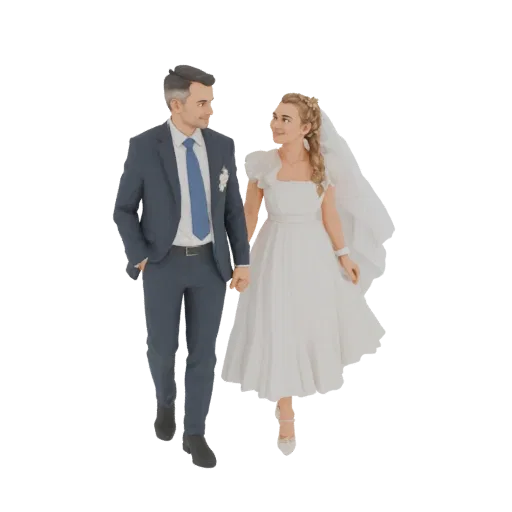 3D model of a bride in a white wedding dress and a groom in a navy suit walking hand-in-hand, looking at each other.