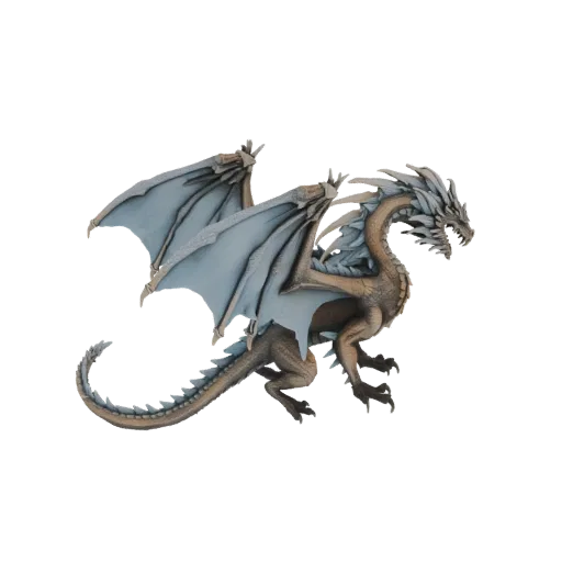 Um modelo 3D detalhado de um majestoso dragão de gelo com asas azul-claras e corpo cinza escamoso, em pose dinâmica.