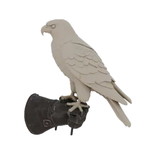 3D model of a falcon relief sitting on a hand in a leather glove, with detailed feathers and leather texture.