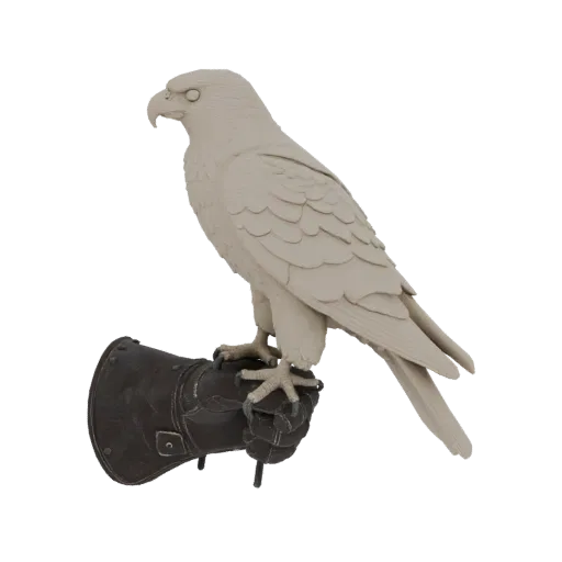 Modelo 3D de relevo de falcão pousado em luva de couro, com penas e textura de couro detalhadas.