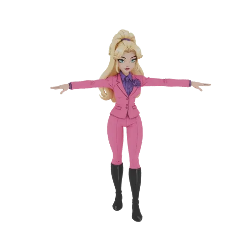 Modello 3D donna capelli biondi completo rosa camicetta viola, in posa T.