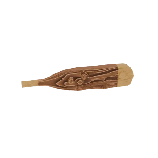 3D-Modell einer primitiven Holzkeule mit detaillierter geschnitzter Holzmaserung, vor weißem Hintergrund.