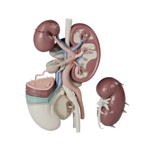 Vascular Kidney Stylized 3D model, stylized isometric render, showing soft tissue colors, organ silhouette.