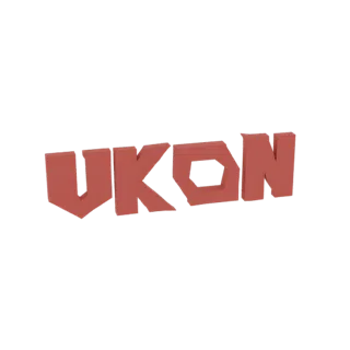 Ein 3D-Rendering des Wortes 'UKON' in fetten, roten, blockartigen Buchstaben mit einem sechseckigen Ausschnitt im 'O', vor ei