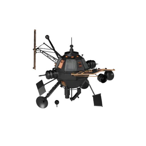 Communication Space Probe Stylized 3D model, stylized isometric render, showing solar panels, spacecraft silhouette.