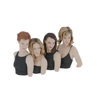 A 3D model of four distinct female characters, each wearing a black tank top, posed together against a white background.
