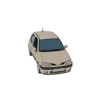 3D-Modell eines beigen Schrägheckautos, von vorne links leicht erhöht betrachtet, mit detailliertem Äußeren und Kennzeichen.