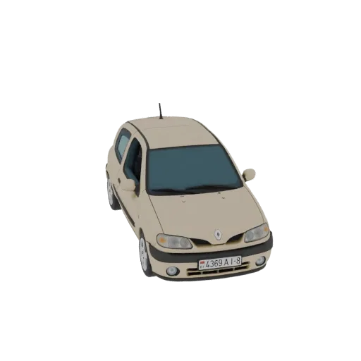 Modelo 3D de un coche hatchback beige visto desde un ángulo frontal-izquierdo ligeramente elevado, mostrando su exterior deta