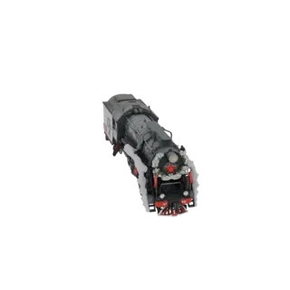 3D model of a dark grey Soviet-era steam locomotive with a red star and festive green wreath on the front, set against a whit