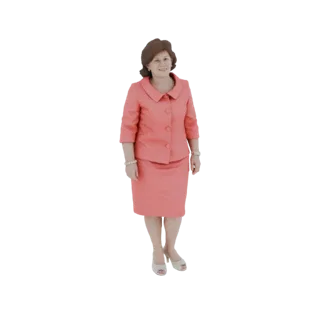 Modelo 3D de una mujer elegante con traje coral, de pie y sonriendo.
