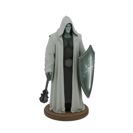 3D-Modell eines Kapuzenritters mit Streitkolben und Schild, ernstem Gesichtsausdruck und detaillierter Rüstung.