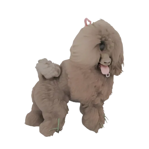 A 3D model of a fluffy, light brown poodle dog with its tongue out and a pink bow on its head, standing alert.