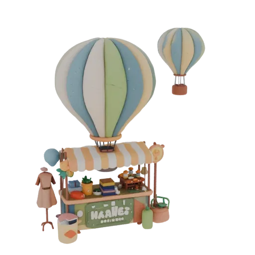 Modelo 3D de banca de fantasia estilizada como balão de ar quente, com cobertura, balcão e manequim