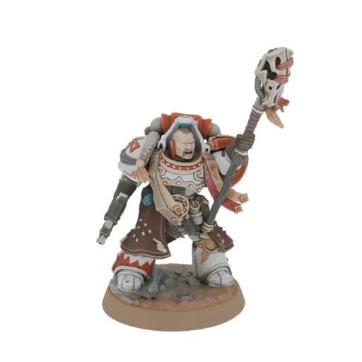 3D model of a Warhammer 40,000 Space Marine Chaplain in power armor, holding a Crozius Arcanum aloft.