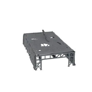 3D model of a grey, wireframe-overlay industrial protective structure with a steel exoskeleton and a hanging cable net shield