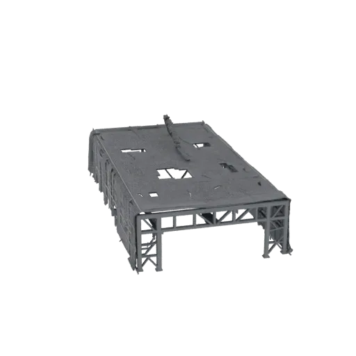 3D model of a grey, wireframe-overlay industrial protective structure with a steel exoskeleton and a hanging cable net shield