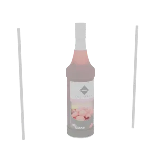 3D model of a pink raspberry syrup bottle with a label showing raspberries and a diamond logo.
