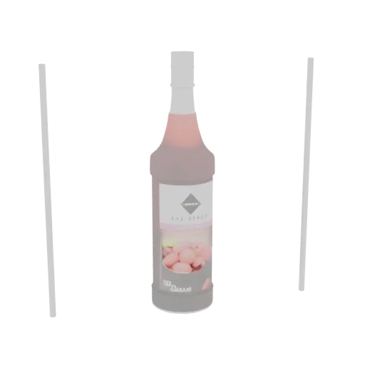 3D model of a pink raspberry syrup bottle with a label showing raspberries and a diamond logo.