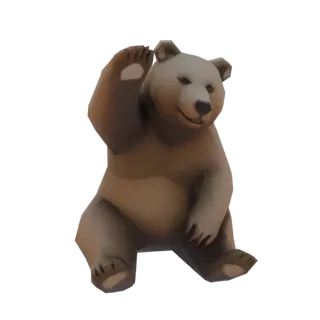 Un rendu 3D d'un ours brun stylisé assis et agitant la main droite, sur fond blanc.