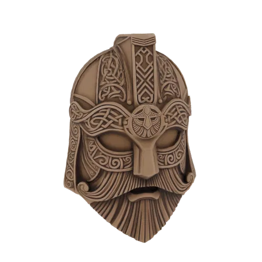 3D model of a detailed Norse Viking helmet with intricate knotwork, a nose guard, and a stylized beard, presented in a bronze