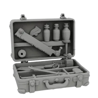 Modelo 3D de um kit de ferramentas de médico medieval aberto, mostrando uma serra para ossos, pinças, bisturis e frascos em u