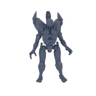 Ein detailliertes 3D-Modell eines futuristischen Mech-Kriegers in neutraler Pose vor weißem Hintergrund.