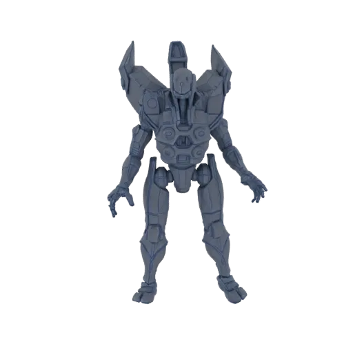 Um modelo 3D detalhado de um guerreiro robô futurista, em pose neutra contra um fundo branco.