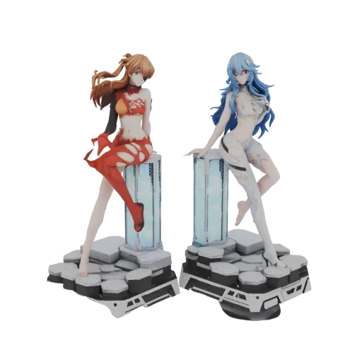 3D render of Asuka and Rei Ayanami figures in dynamic poses, seated on glowing blue sci-fi pods with rocky bases.