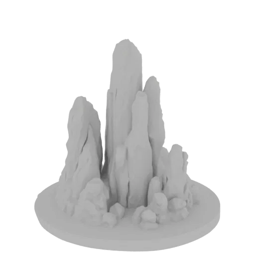 3D model of a cluster of sharp, jagged rock spires with a textured base, presented in a neutral gray tone.