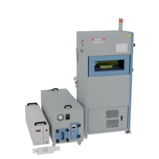 3D model of an industrial laser marking machine with two accessory units, rendered on a white background.