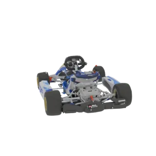 Una renderización 3D de un kart de competición Kosmic, detallado con gráficos azules y blancos, motor visible y neumáticos de
