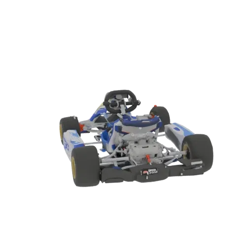 Un rendering 3D di un kart da corsa Kosmic, dettagliato con grafica blu e bianca, motore visibile e pneumatici da corsa, su s