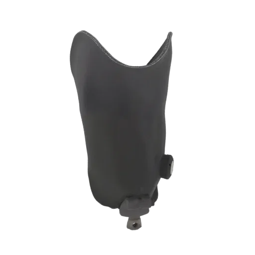 A 3D model of a dark gray prosthetic leg socket, showing the upper opening and lower connection point.