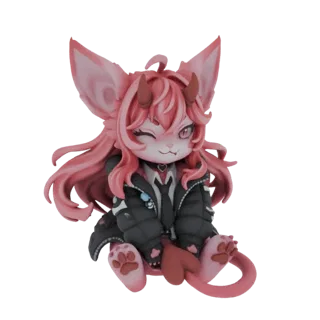 Modello 3D di un simpatico demone volpe fennec rosa in stile chibi, con giacca nera e occhiolino.
