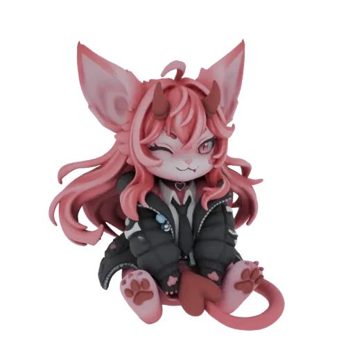 Modelo 3D de um fofo demônio raposa fennec rosa em estilo chibi, vestindo uma jaqueta preta e piscando.