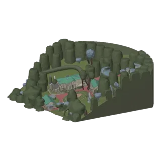 Modèle 3D d'un village fantastique clos avec château, manoirs et forêt environnante, rendu dans une esthétique stylisée et ac