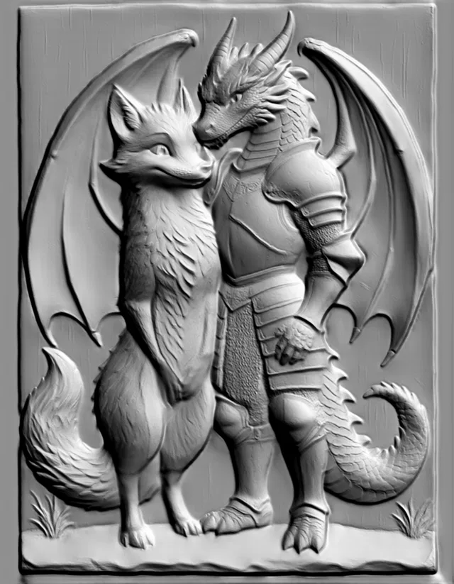 3D model of a bas-relief depicting a dragon in armor and a fox standing side-by-side, with detailed texture.