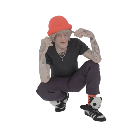 3D model of a young man with blonde hair, wearing an orange beanie, black shirt, dark pants, and panda socks, crouching and p