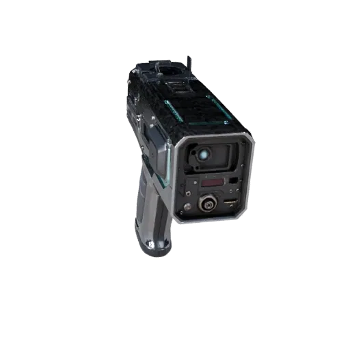 Holographic Portable Scanner Realistic 3D model, three-quarter studio render, showing emissive strips, form detail.
