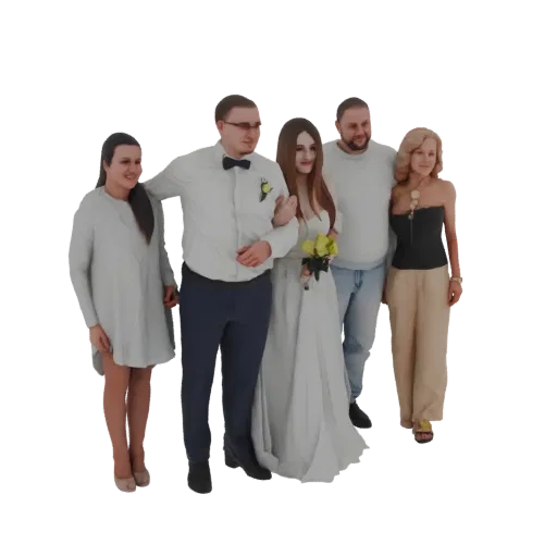3D-Modell einer Hochzeitsgesellschaft mit fünf Figuren: Braut, Bräutigam und drei Gäste, zusammen posiert.