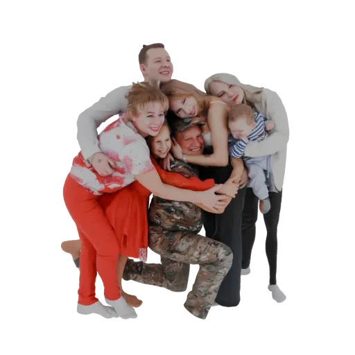 3D model of a diverse family of seven, including adults and a baby, in a warm, close embrace, rendered against a white backgr