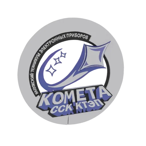 3D model render of the Kometa emblem, featuring a blue comet with stars and Cyrillic text on a circular background.